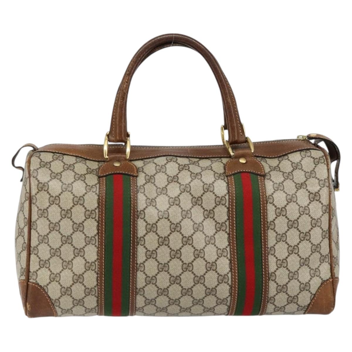 GUCCI GG Supreme Web Sherry Line Boston Bag PVC Beige Gold Auth 153478