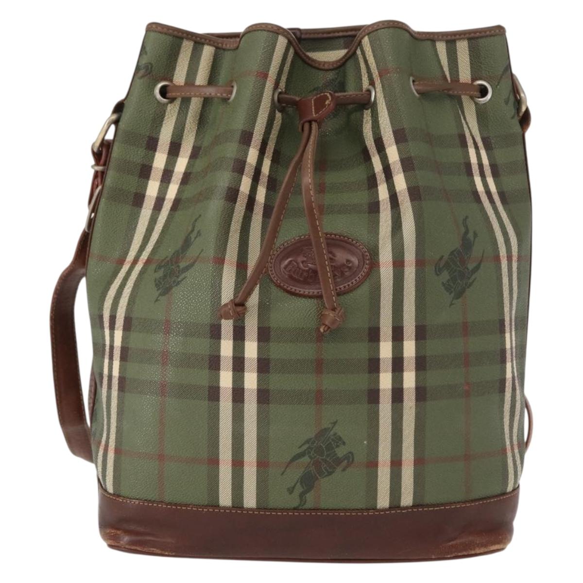 Burberrys Nova Check Shoulder Bag PVC Green Gold Auth 153485