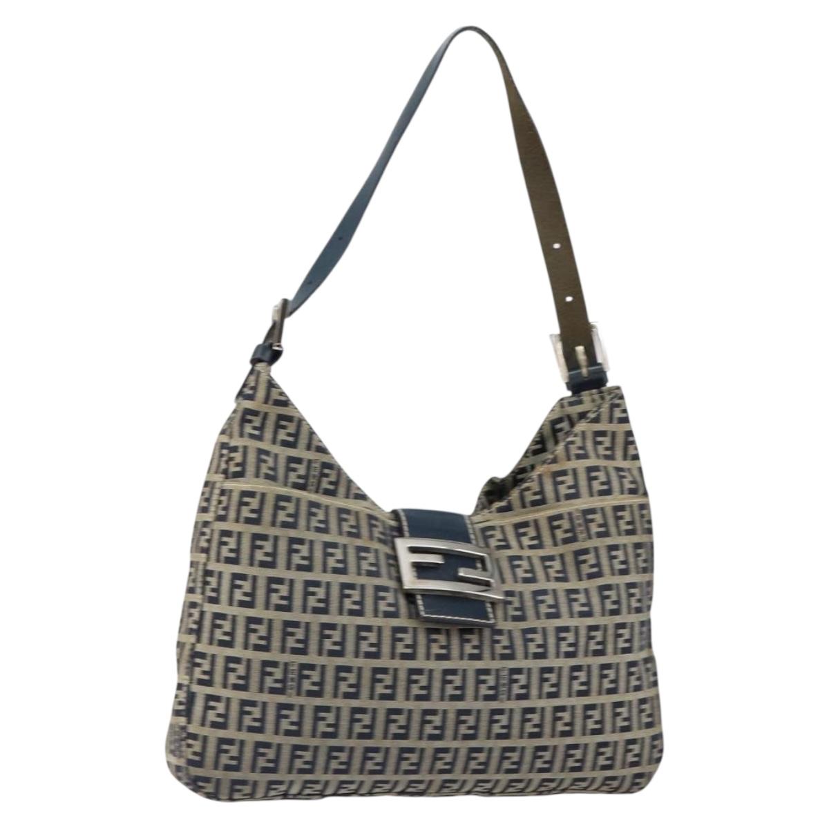 FENDI Zucchino Canvas Mamma Baguette Shoulder Bag Navy Silver Auth 153496