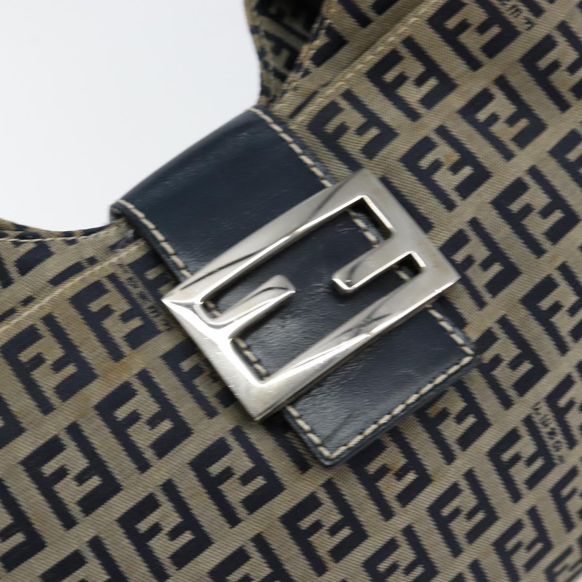 FENDI Zucchino Canvas Mamma Baguette Shoulder Bag Navy Silver Auth 153496