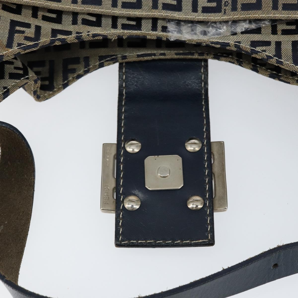 FENDI Zucchino Canvas Mamma Baguette Shoulder Bag Navy Silver Auth 153496