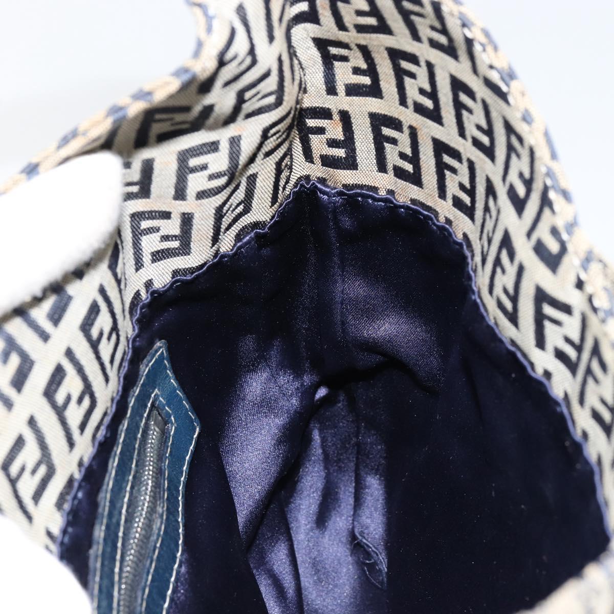 FENDI Zucchino Canvas Mamma Baguette Shoulder Bag Navy Silver Auth 153496