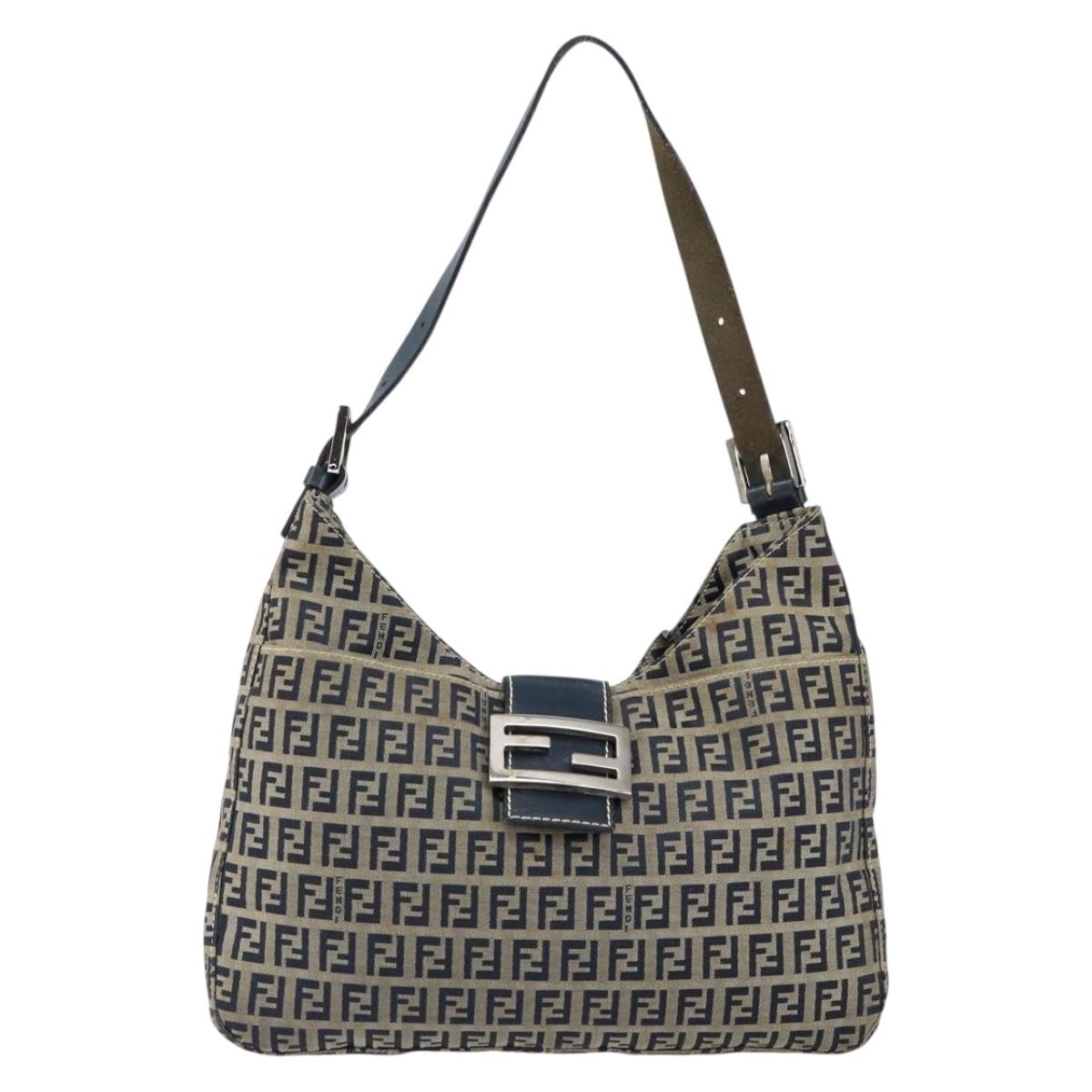 FENDI Zucchino Canvas Mamma Baguette Shoulder Bag Navy Silver Auth 153496