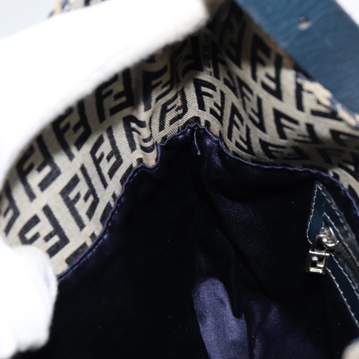 FENDI Zucchino Canvas Mamma Baguette Shoulder Bag Navy Silver Auth 153496