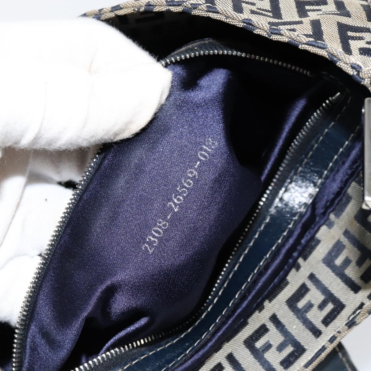 FENDI Zucchino Canvas Mamma Baguette Shoulder Bag Navy Silver Auth 153496
