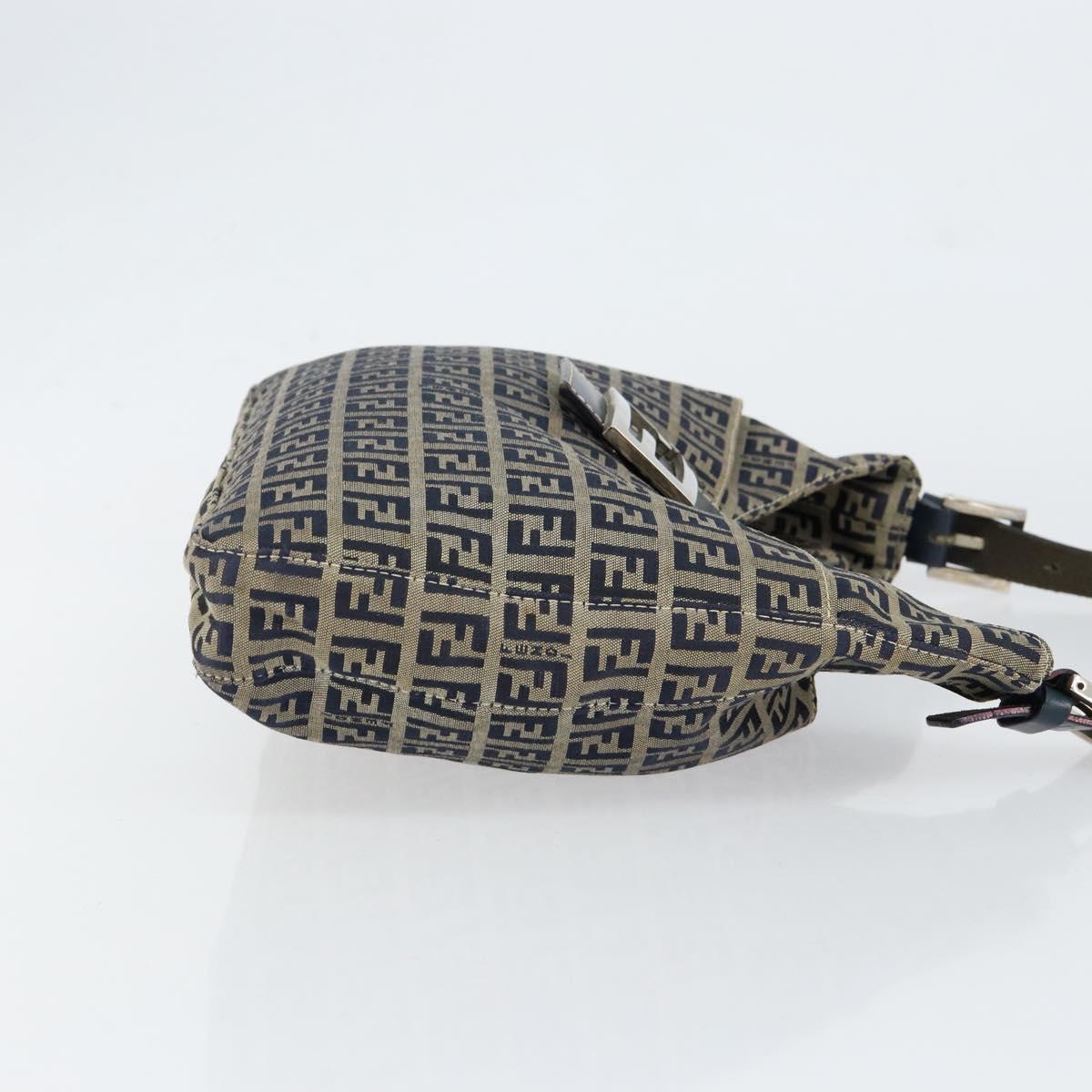 FENDI Zucchino Canvas Mamma Baguette Shoulder Bag Navy Silver Auth 153496