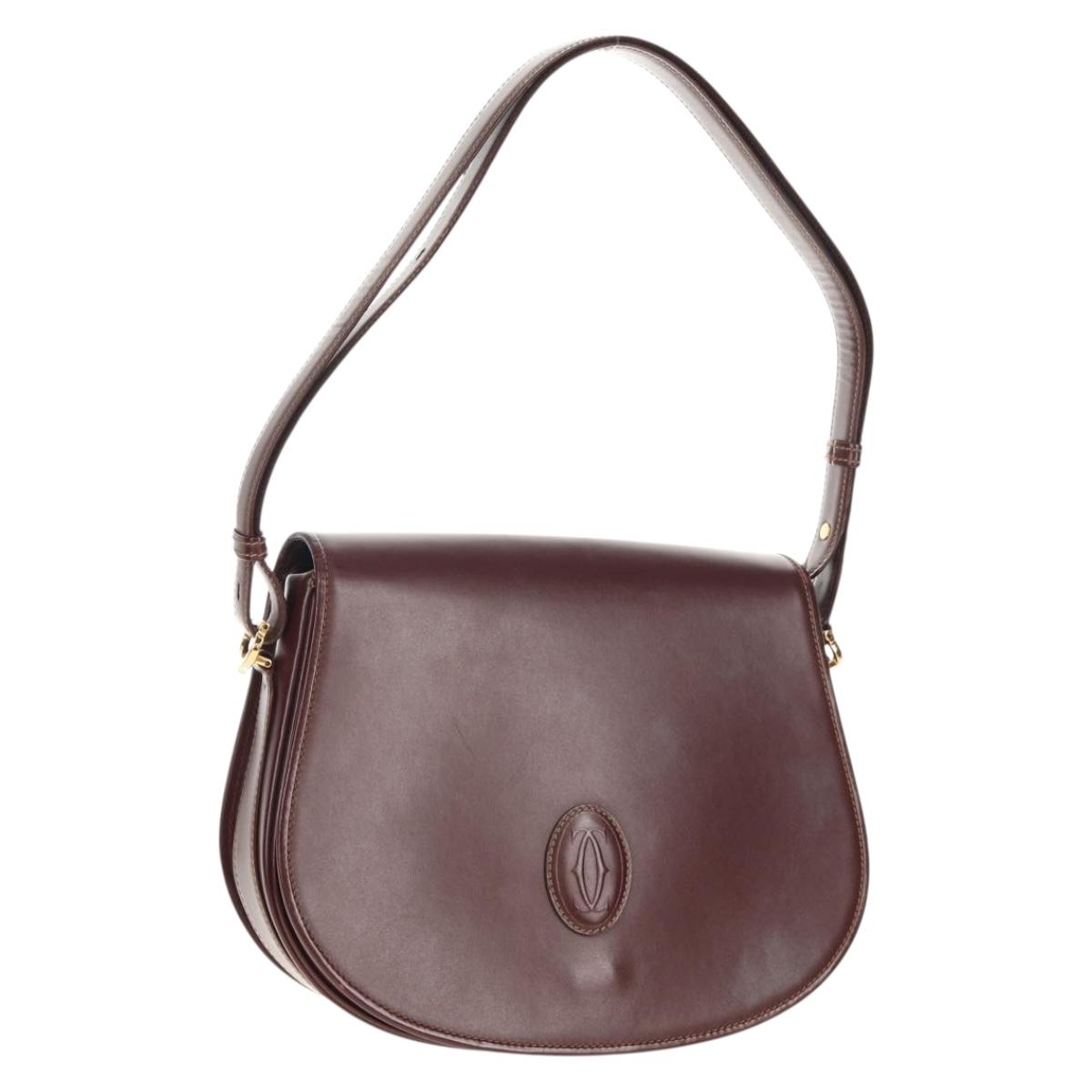 CARTIER Must Line Shoulder Bag Leather Bordeaux Gold Auth 153624V
