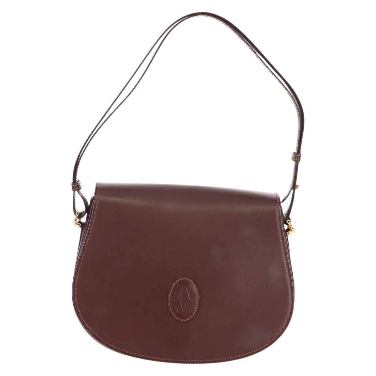 CARTIER Must Line Shoulder Bag Leather Bordeaux Gold Auth 153624V