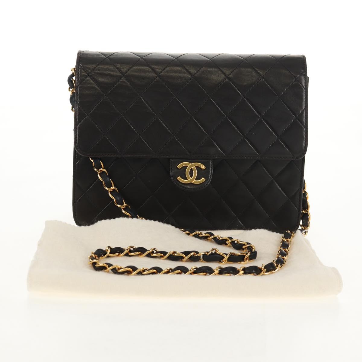 CHANEL Matelasse Chain Shoulder Bag Lamb Skin Black Gold CC Auth 153631V