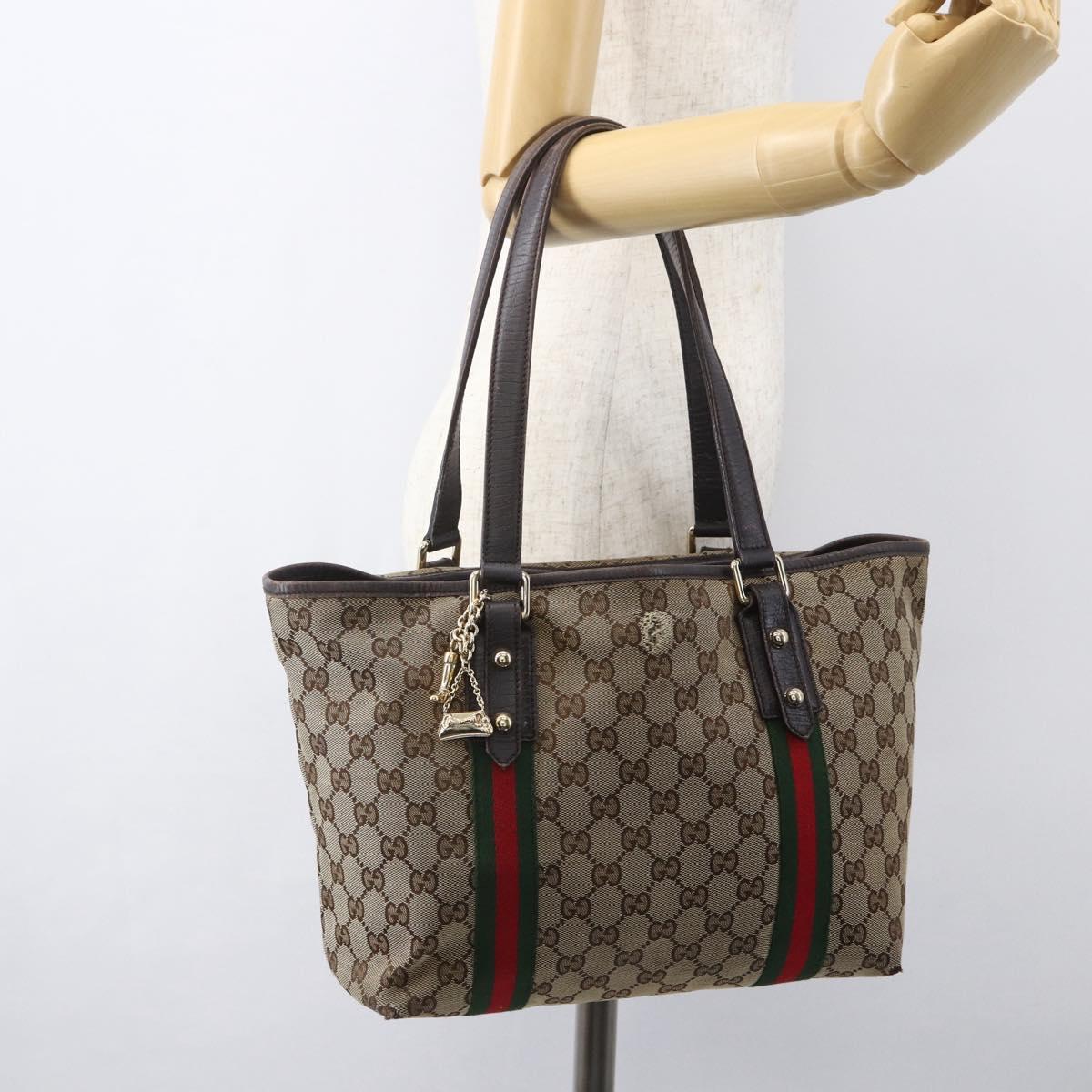 GUCCI Web Sherry Line GG Canvas Semi Tote Bag Beige Gold 137396 Auth 153643