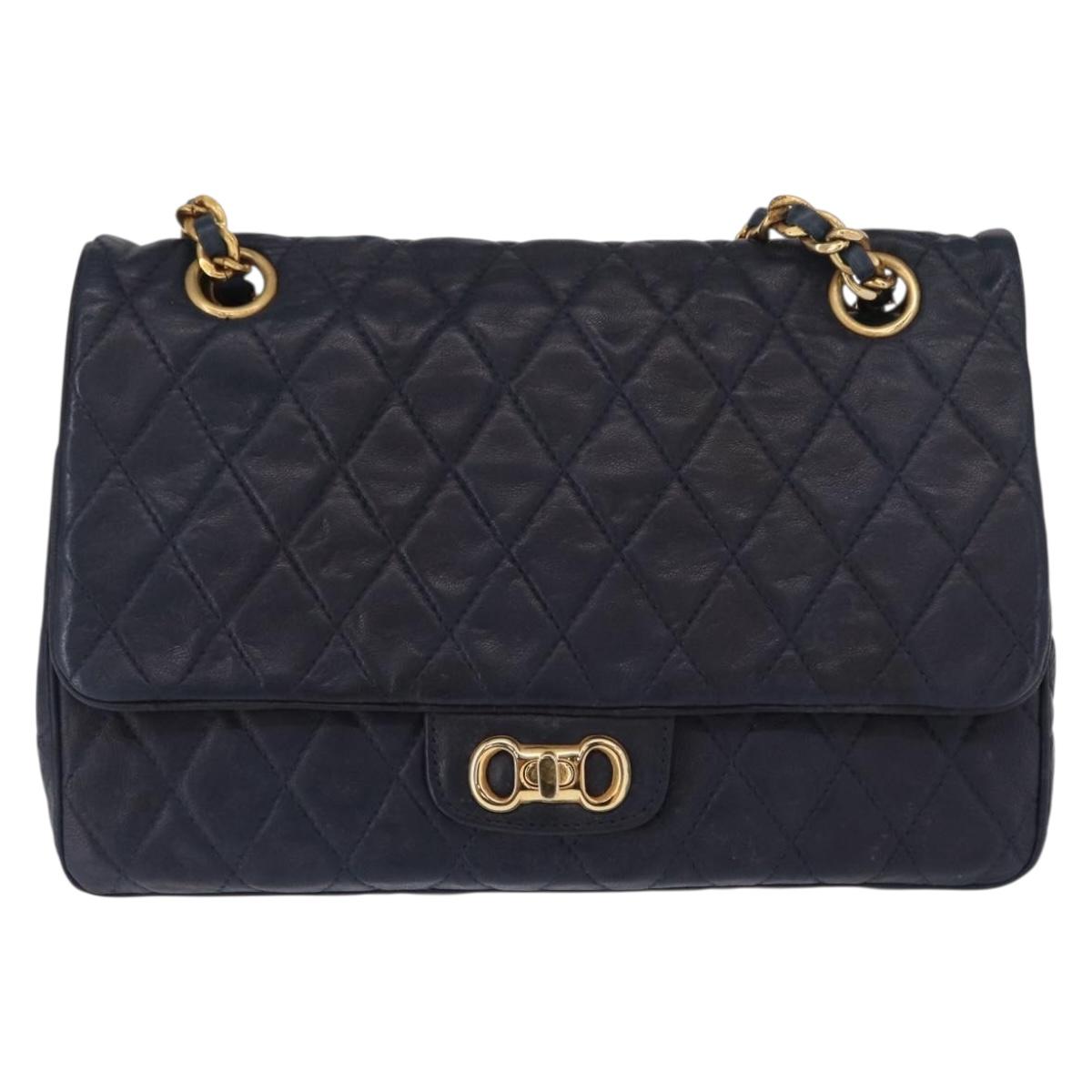 BALLY Chain Shoulder Bag Leather Navy Gold Auth 153688