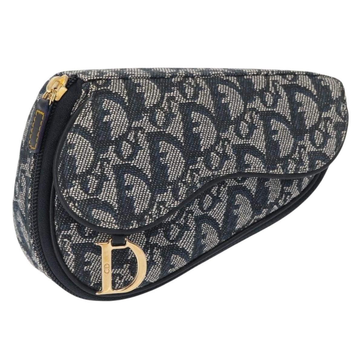 Christian Dior Trotter Canvas Saddle Pouch Blue Gold Auth 153710V