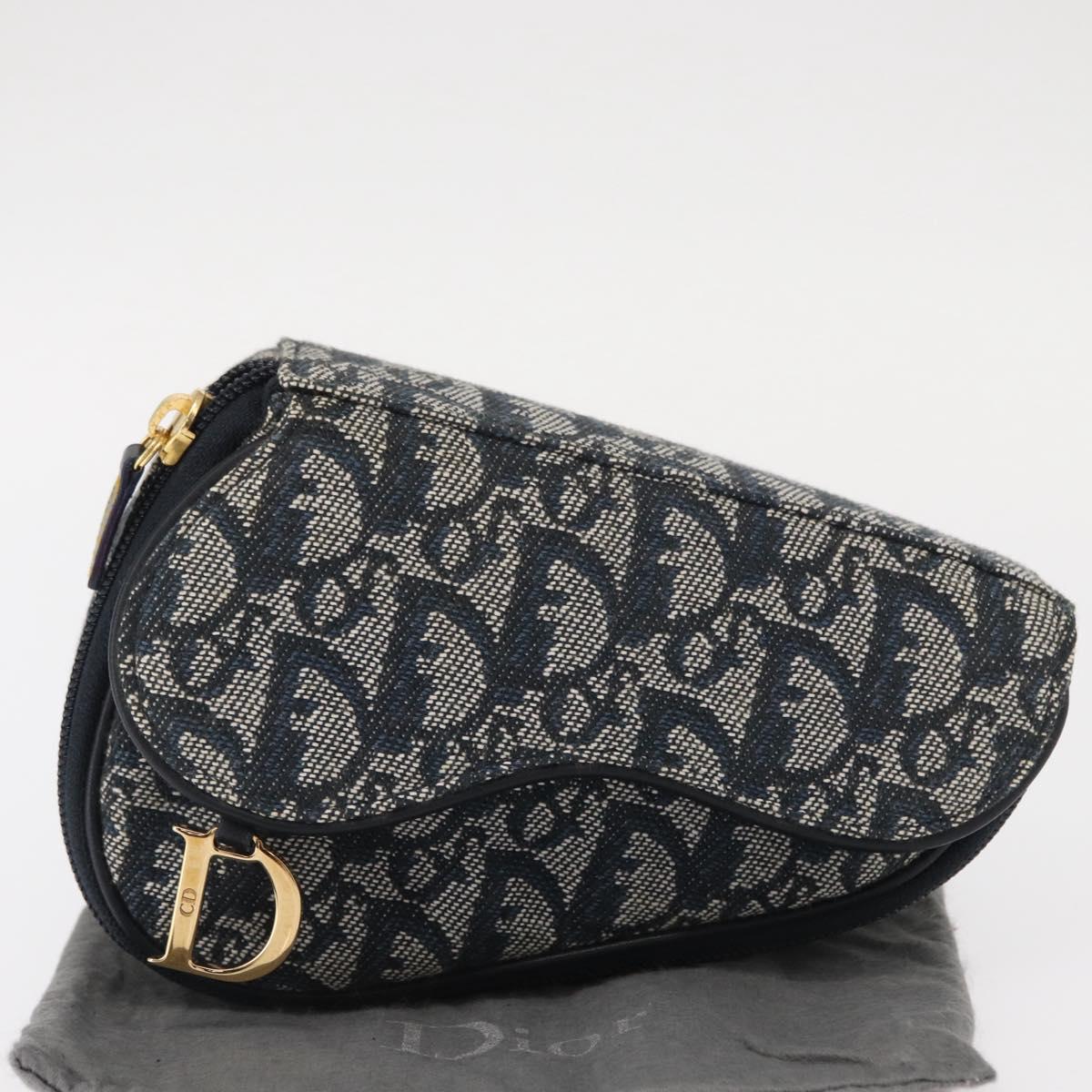 Christian Dior Trotter Canvas Saddle Pouch Blue Gold Auth 153710V