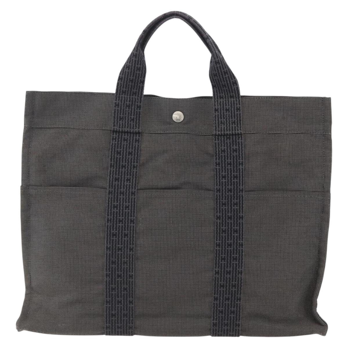 HERMES Her Line MM Hand Bag Canvas Gray Silver Auth 153727