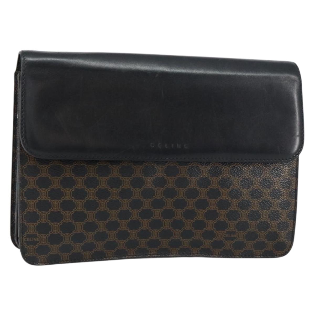 CELINE Macadam Canvas Clutch Bag PVC Leather Black Gold Auth 153735