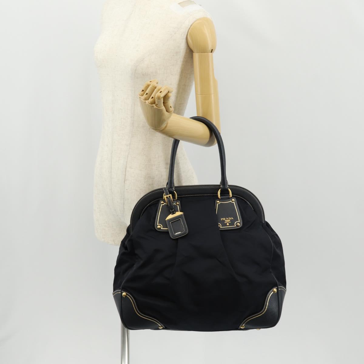 PRADA Hand Bag Nylon Leather Navy Gold BR3684 Auth 153736V