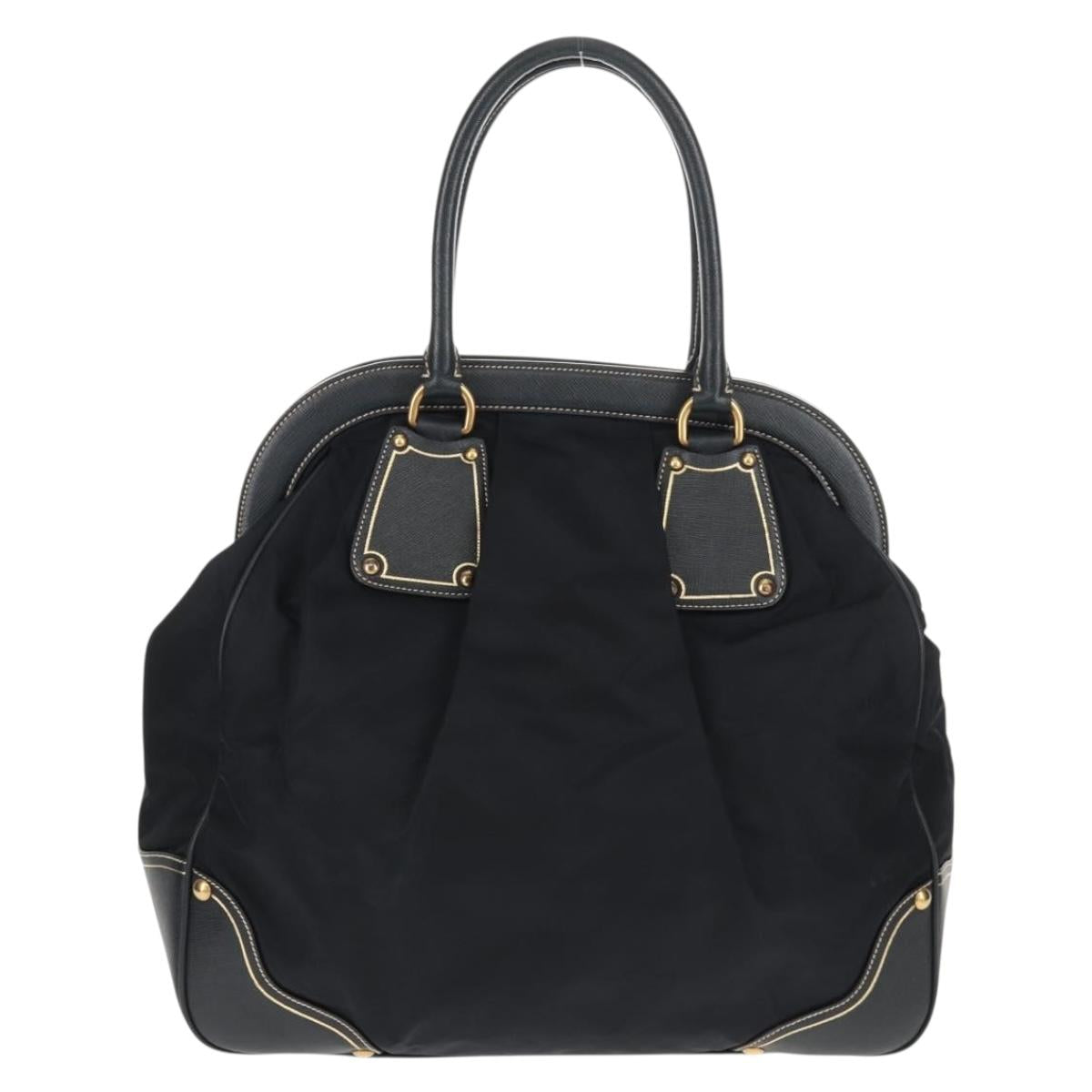 PRADA Hand Bag Nylon Leather Navy Gold BR3684 Auth 153736V