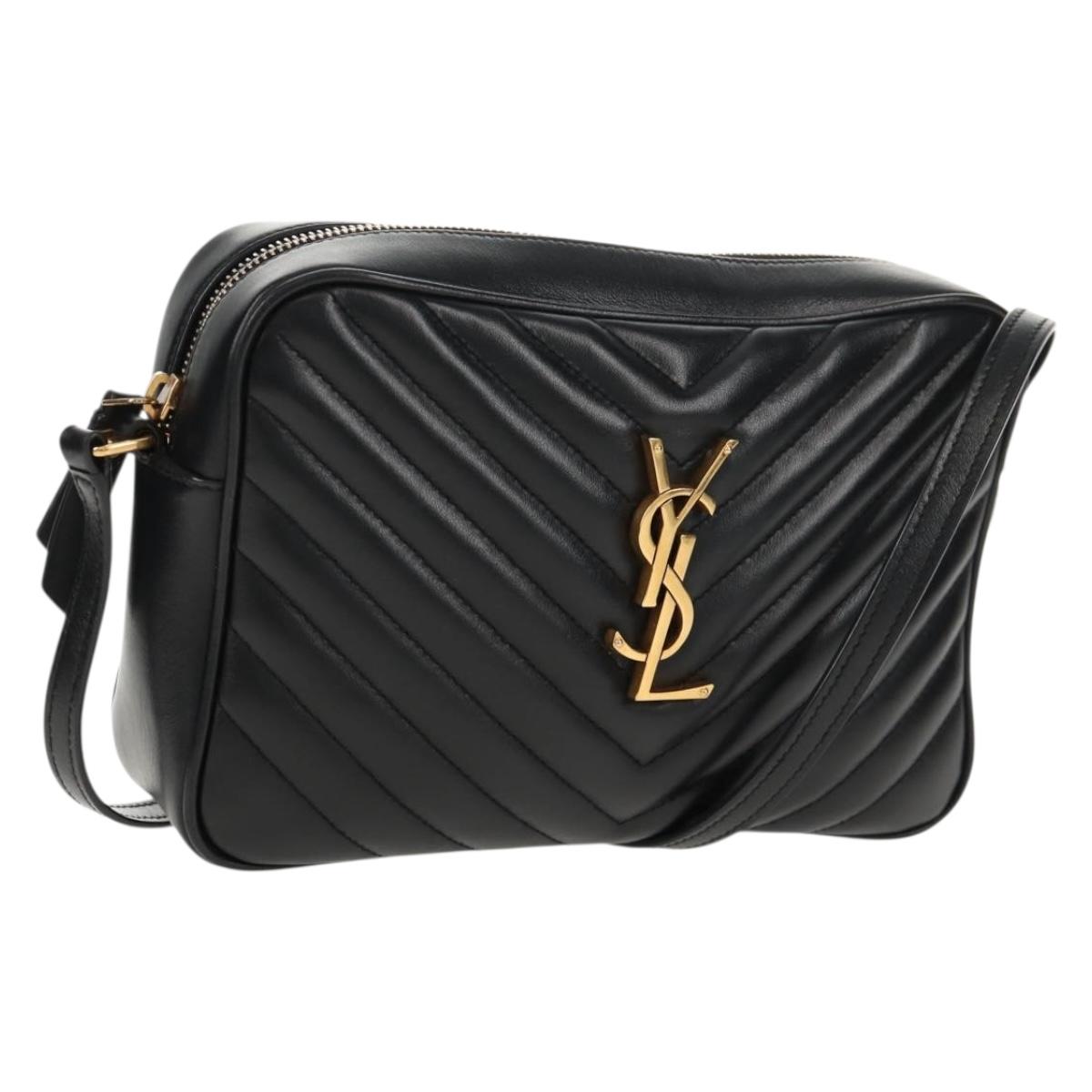 SAINT LAURENT Shoulder Bag Lamb Skin Black Gold Auth 153740SAM