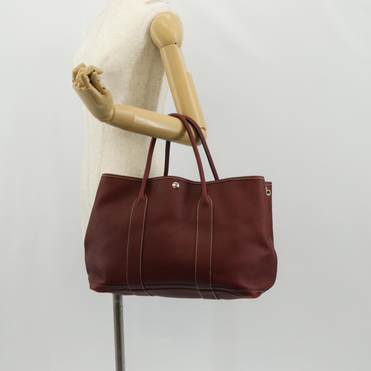 HERMES Garden Party PM Hand Bag Leather Wine Red Silver Auth 153742V