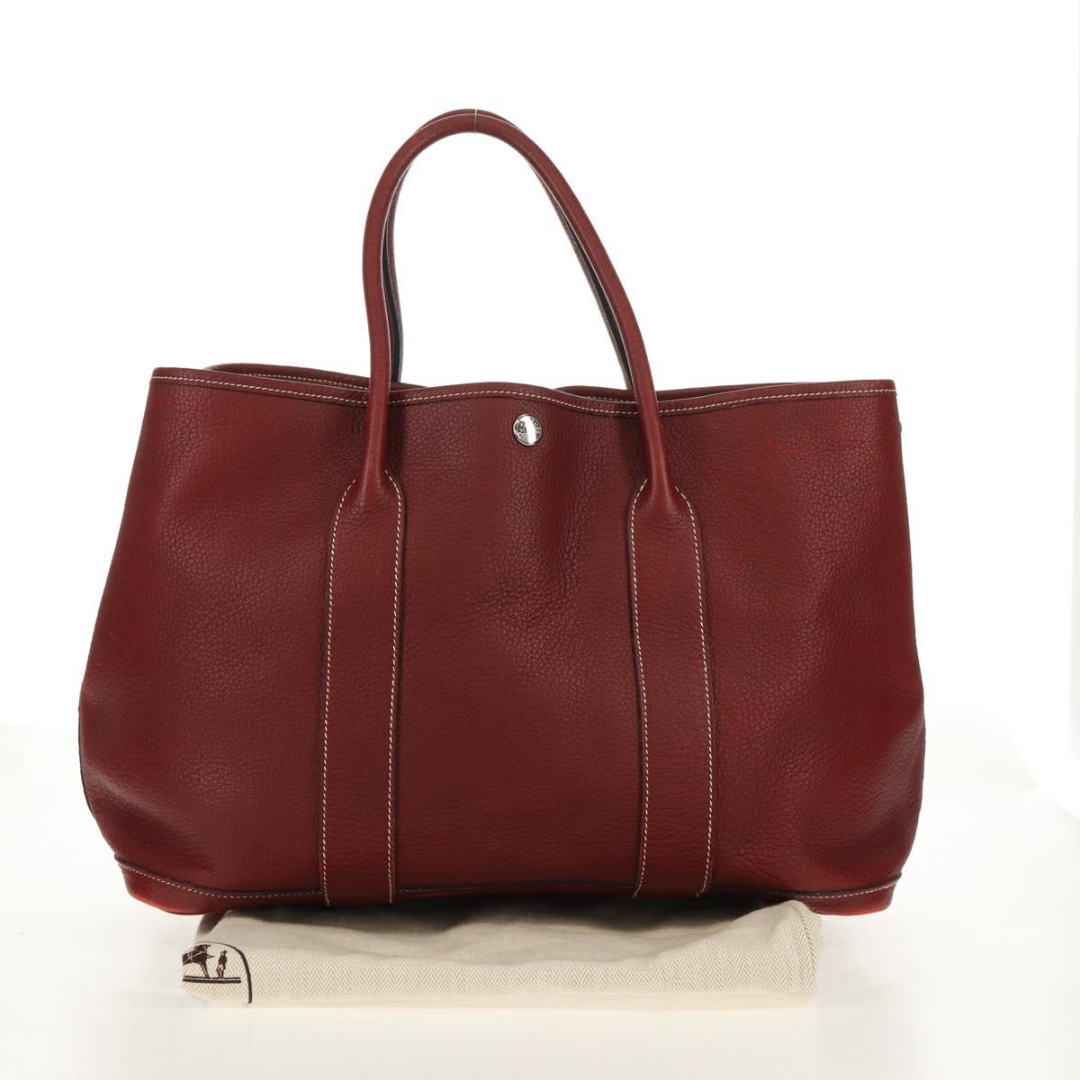 HERMES Garden Party PM Hand Bag Leather Wine Red Silver Auth 153742V