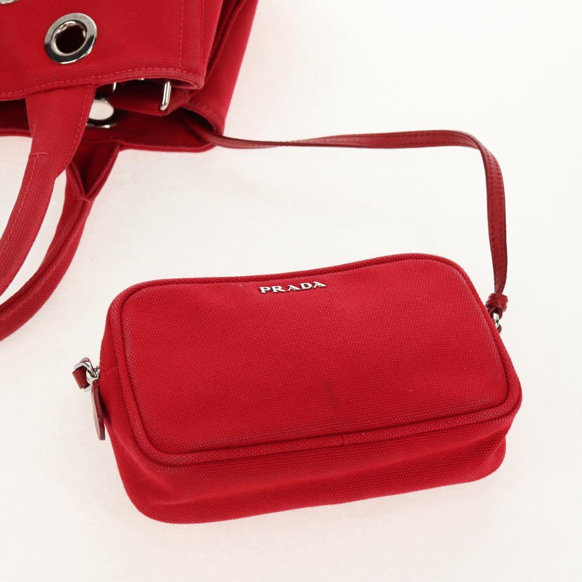 PRADA Canapa PM Hand Bag Canvas 2way Red Silver Auth 153759V