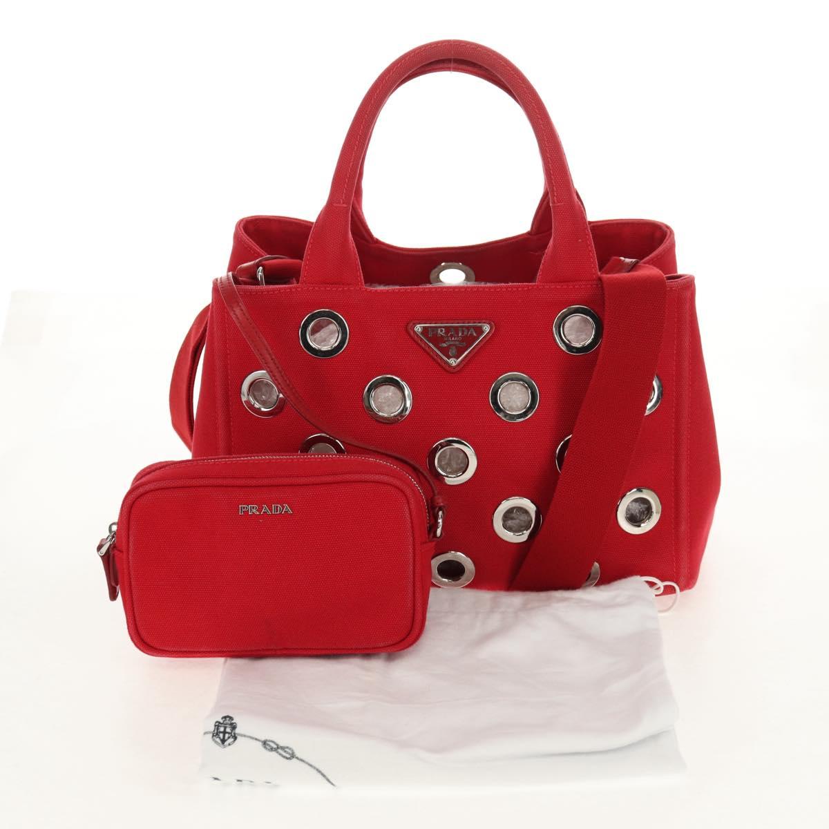 PRADA Canapa PM Hand Bag Canvas 2way Red Silver Auth 153759V