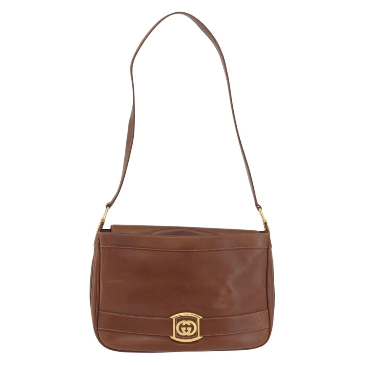GUCCI Web Sherry Line Shoulder Bag Leather Old GUCCI Gold Brown Auth 153770