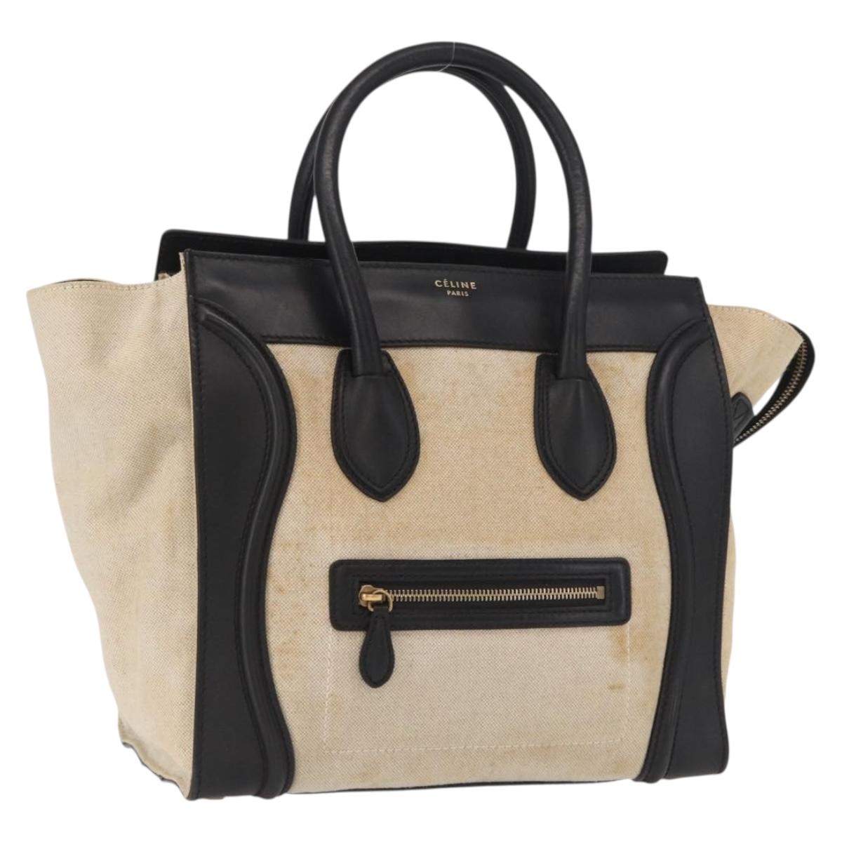 CELINE Hand Bag Canvas Beige Gold Auth 153778
