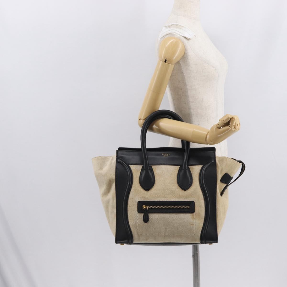 CELINE Hand Bag Canvas Beige Gold Auth 153778