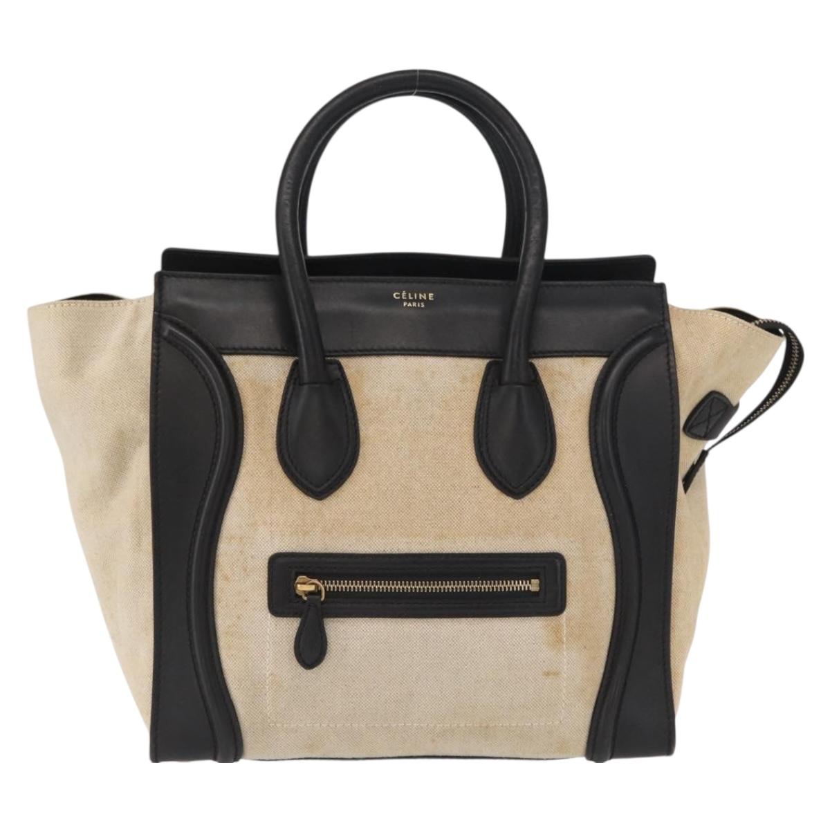 CELINE Hand Bag Canvas Beige Gold Auth 153778