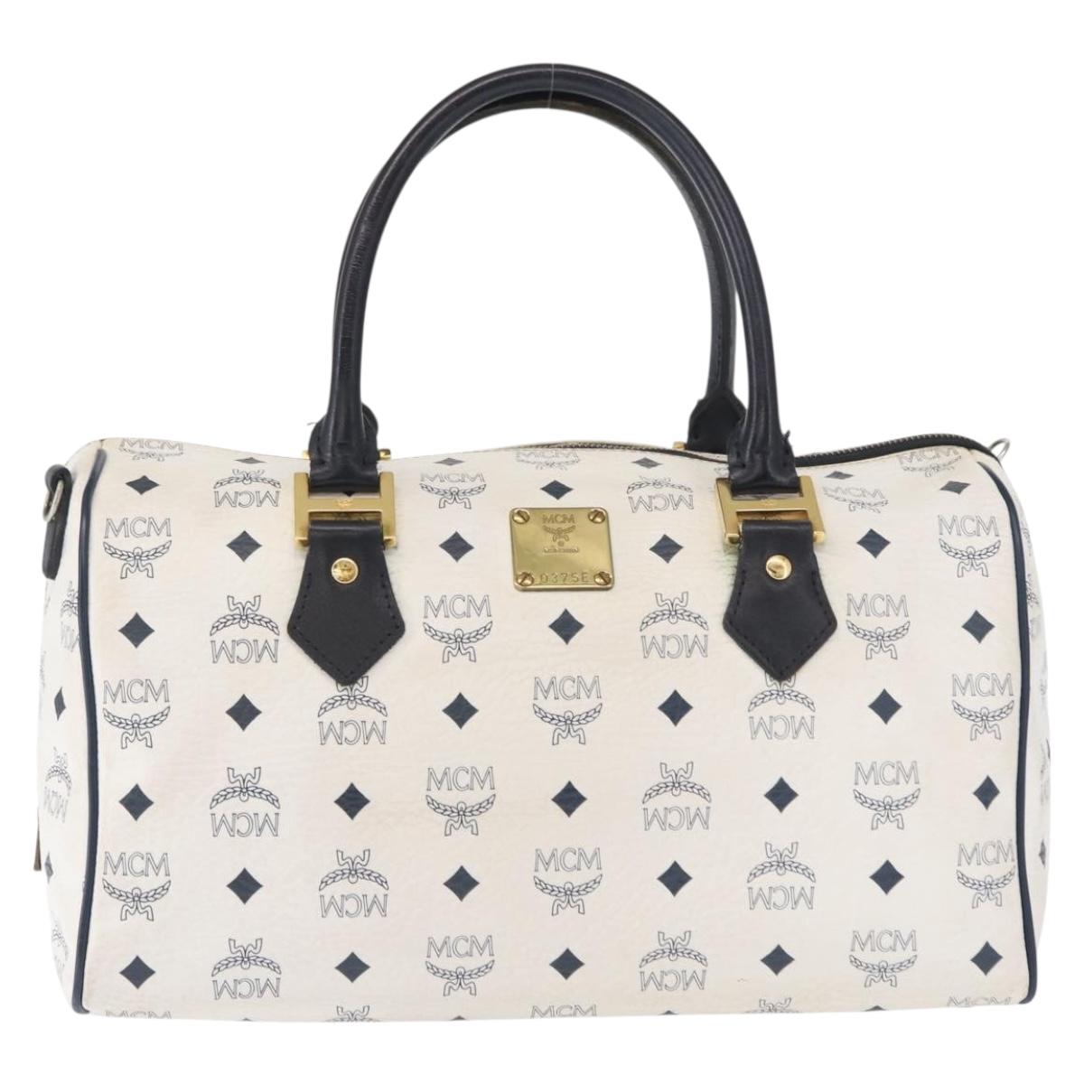 MCM Vicetos Logogram Boston Bag PVC Leather White Gold Auth 153787