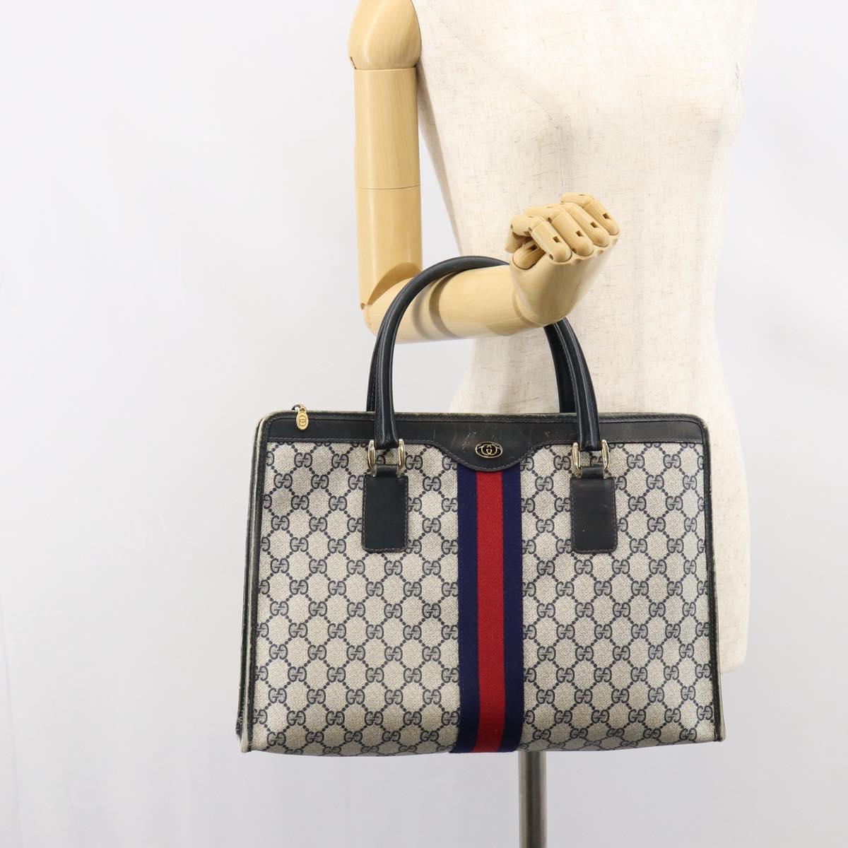 GUCCI GG Supreme Sherry Line Hand Bag PVC Navy Gold Auth 153814