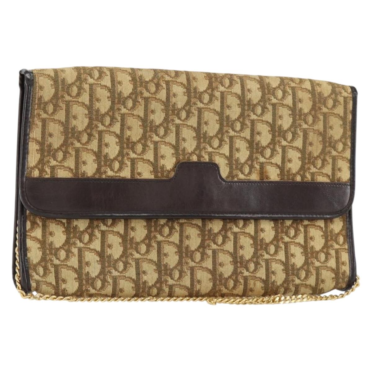Christian Dior Trotter Canvas Chain Shoulder Bag Brown Gold Auth 153817