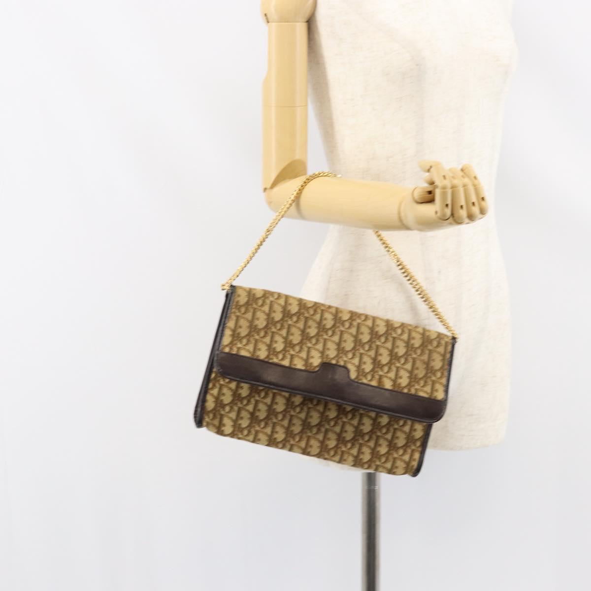 Christian Dior Trotter Canvas Chain Shoulder Bag Brown Gold Auth 153817