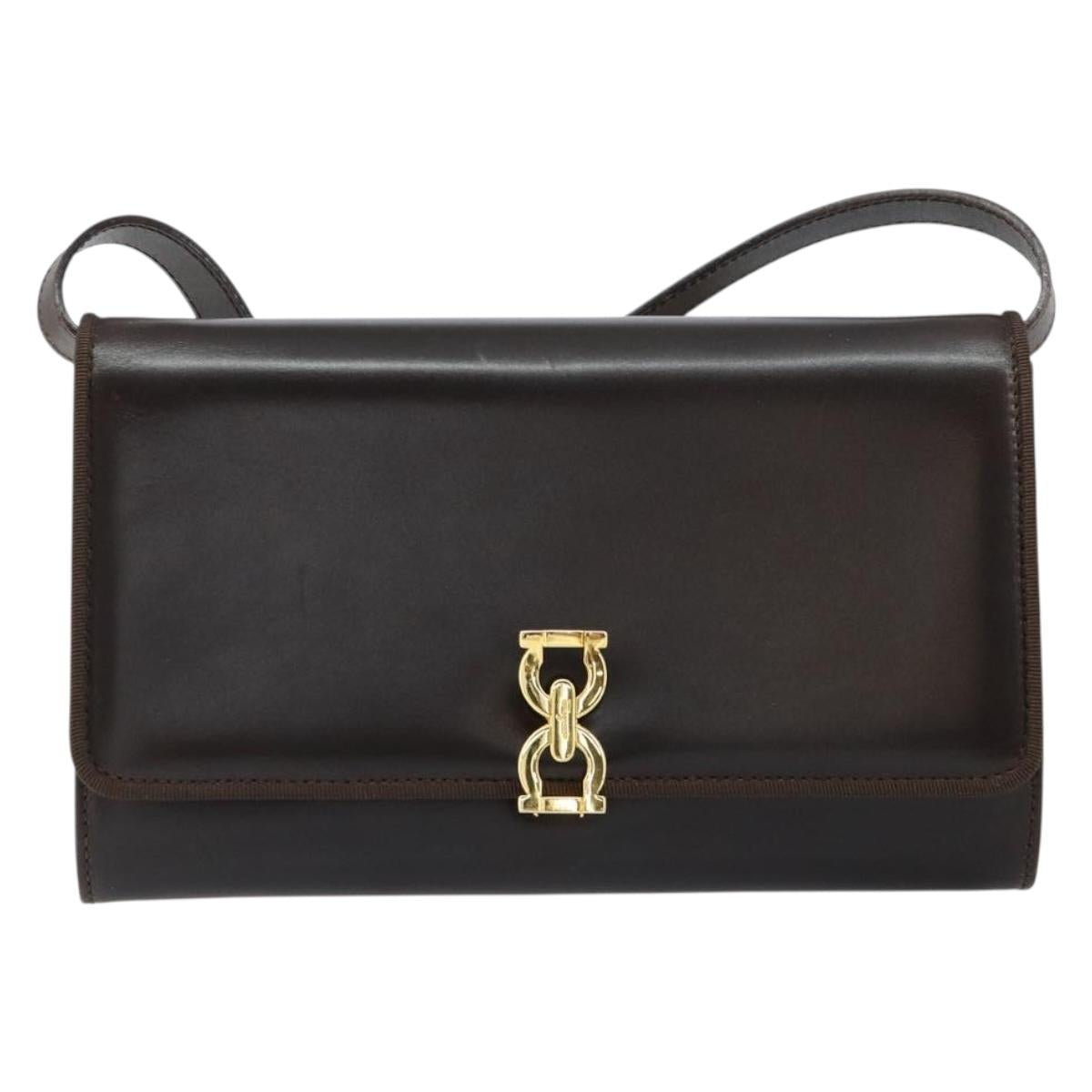 Salvatore Ferragamo Gancini Shoulder Bag Leather Dark Brown Gold Auth 153818