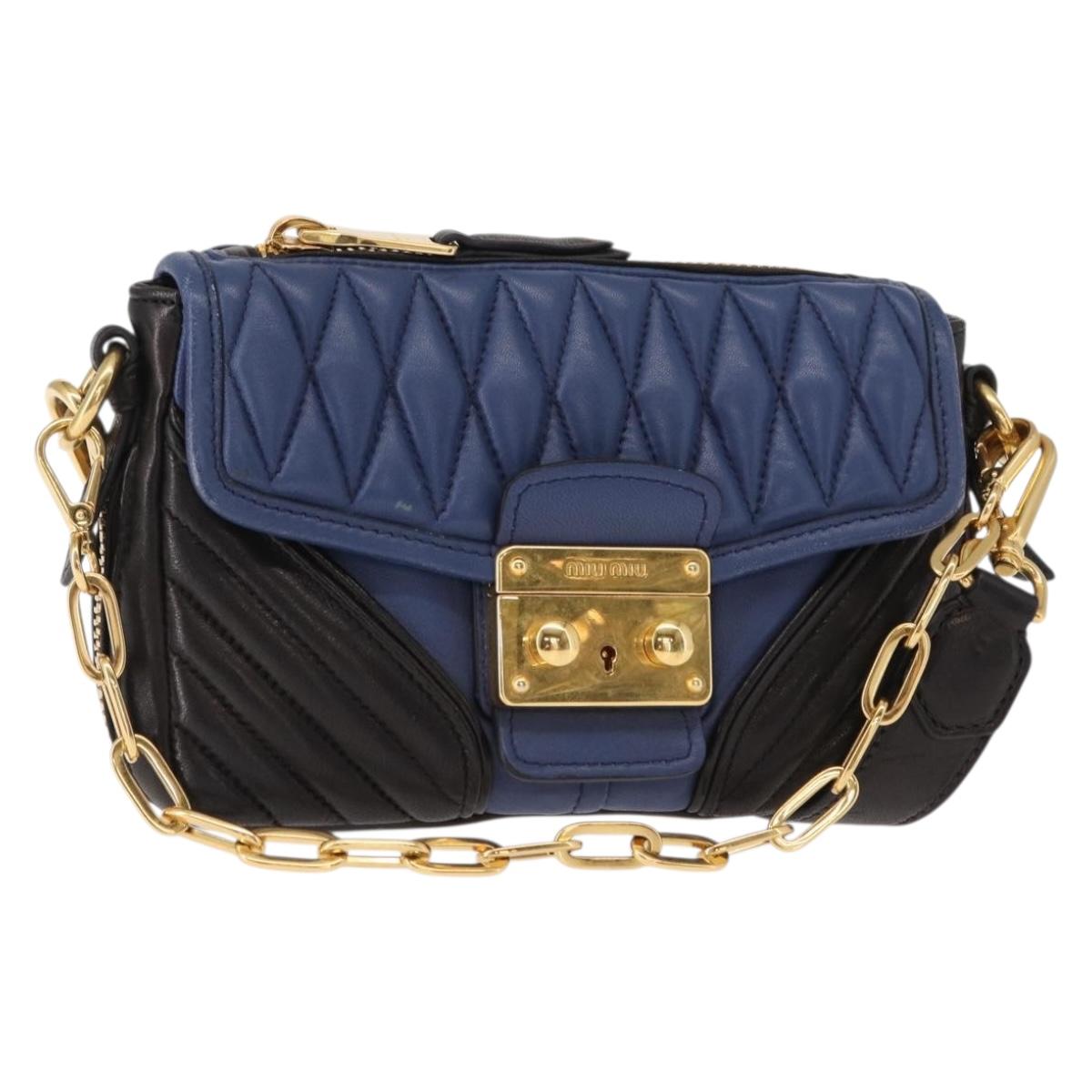 Miu Miu Matelasse Shoulder Bag Leather 2way Blue Black gold Auth 153826