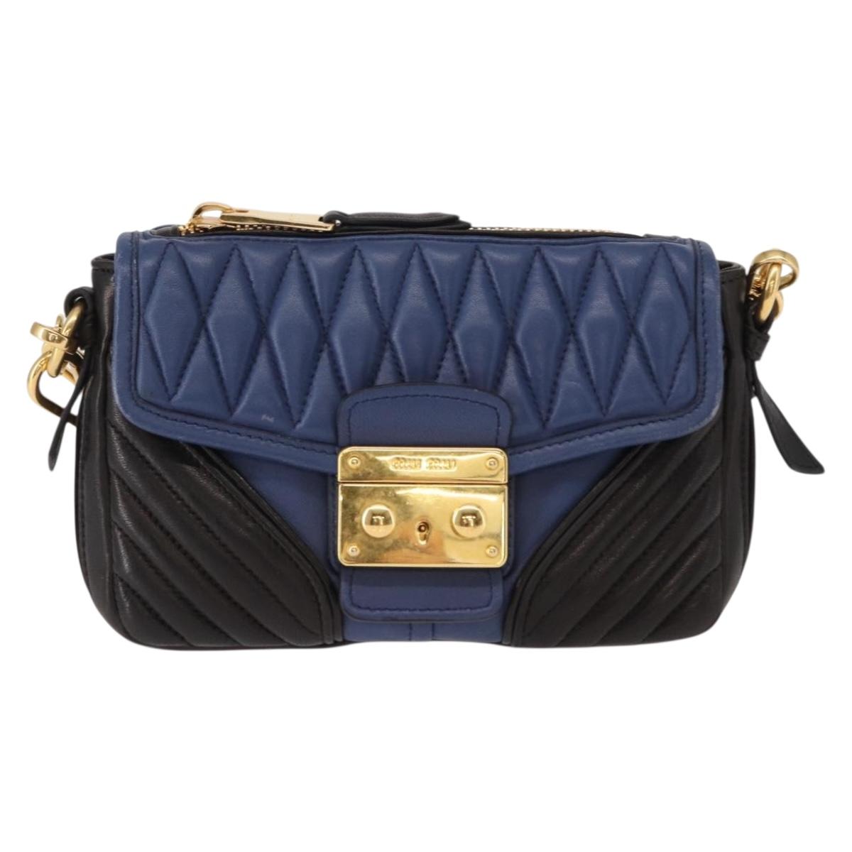 Miu Miu Matelasse Shoulder Bag Leather 2way Blue Black gold Auth 153826