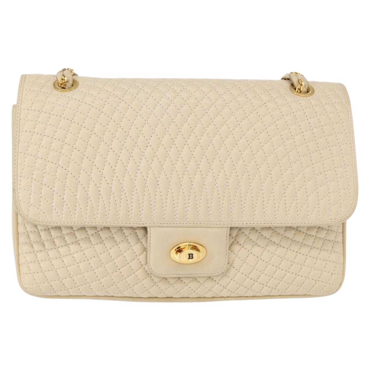 BALLY Quilted Chain Shoulder Bag Leather Ivory Gold Auth 153827
