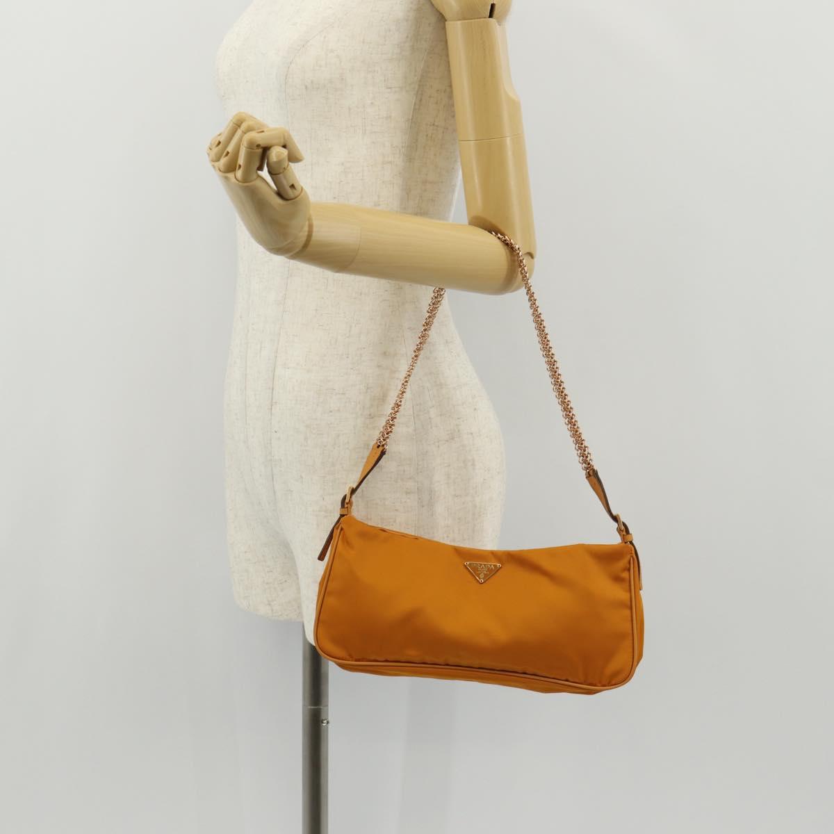 PRADA Chain Shoulder Bag Nylon Orange Gold Auth 153828V