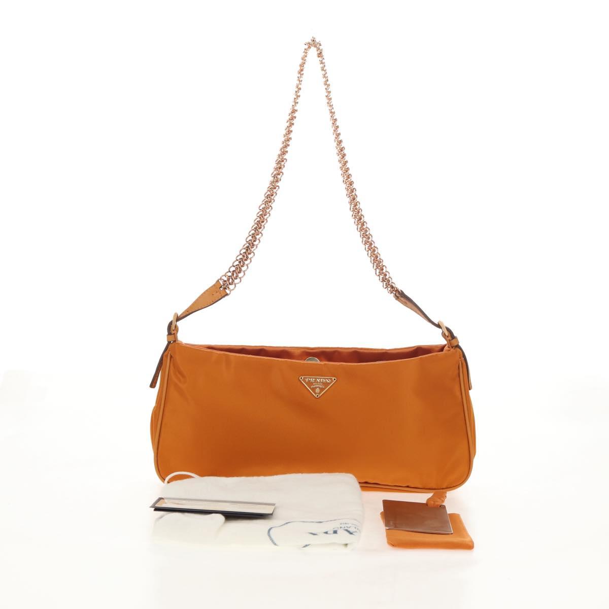 PRADA Chain Shoulder Bag Nylon Orange Gold Auth 153828V