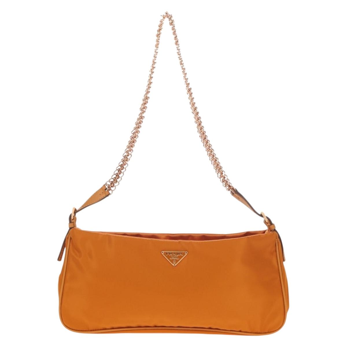 PRADA Chain Shoulder Bag Nylon Orange Gold Auth 153828V