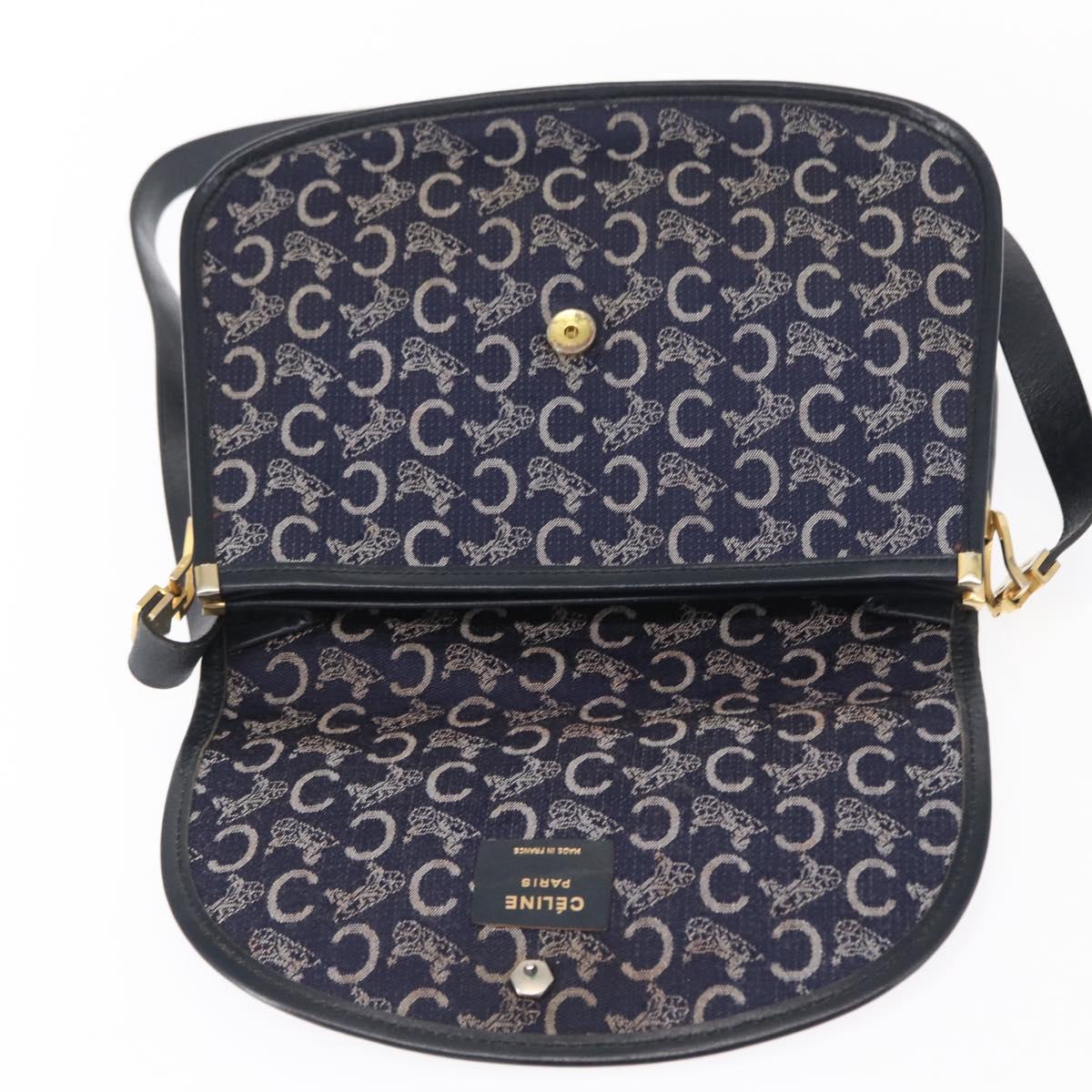 CELINE C Sulky Horse Carriage Shoulder Bag Canvas Leather Navy Gold Auth 153832