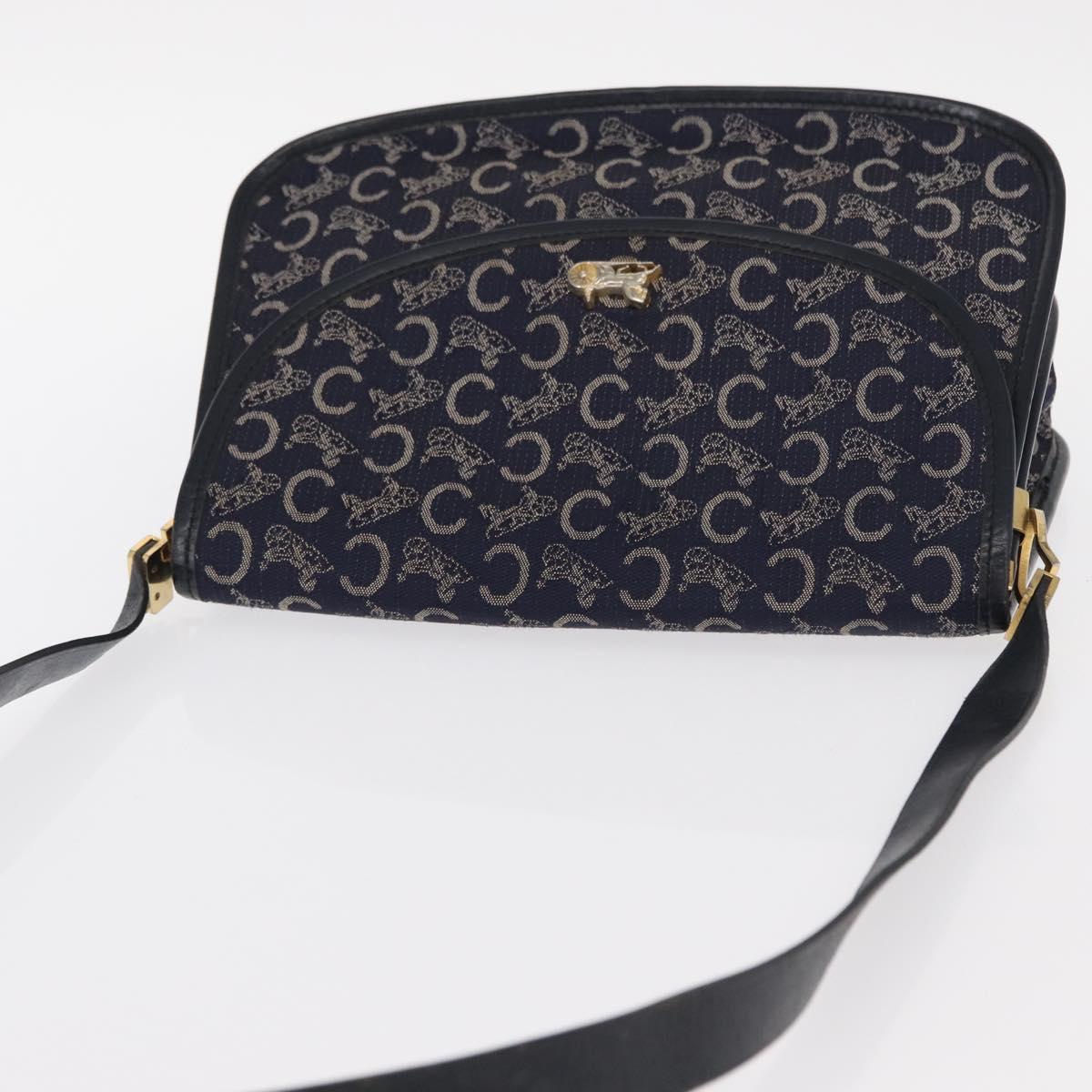 CELINE C Sulky Horse Carriage Shoulder Bag Canvas Leather Navy Gold Auth 153832