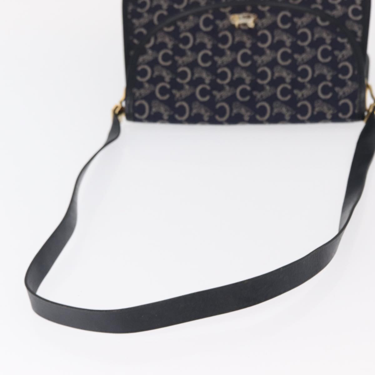 CELINE C Sulky Horse Carriage Shoulder Bag Canvas Leather Navy Gold Auth 153832