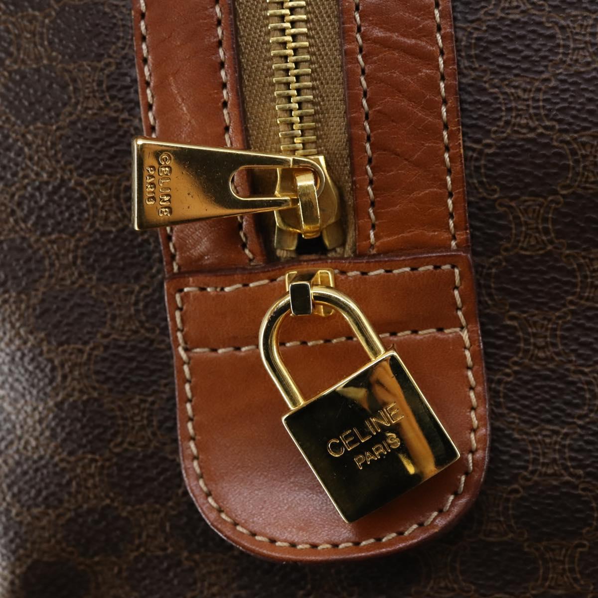 CELINE Macadam Canvas Boston Bag PVC 2way Brown Gold Auth 153834