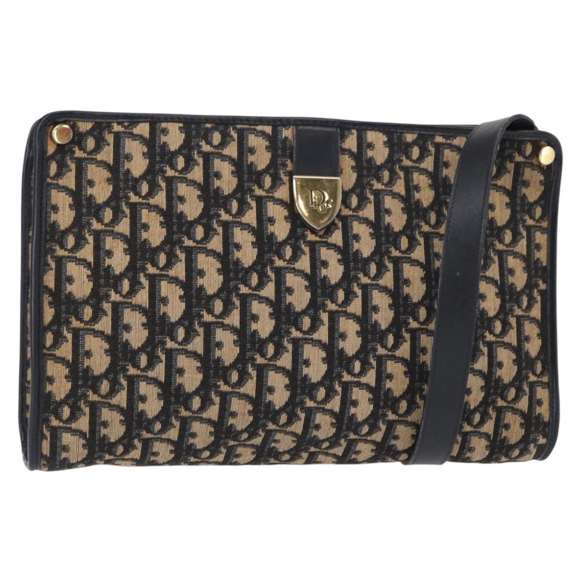 Christian Dior Trotter Canvas Shoulder Bag Navy Gold Auth 153836