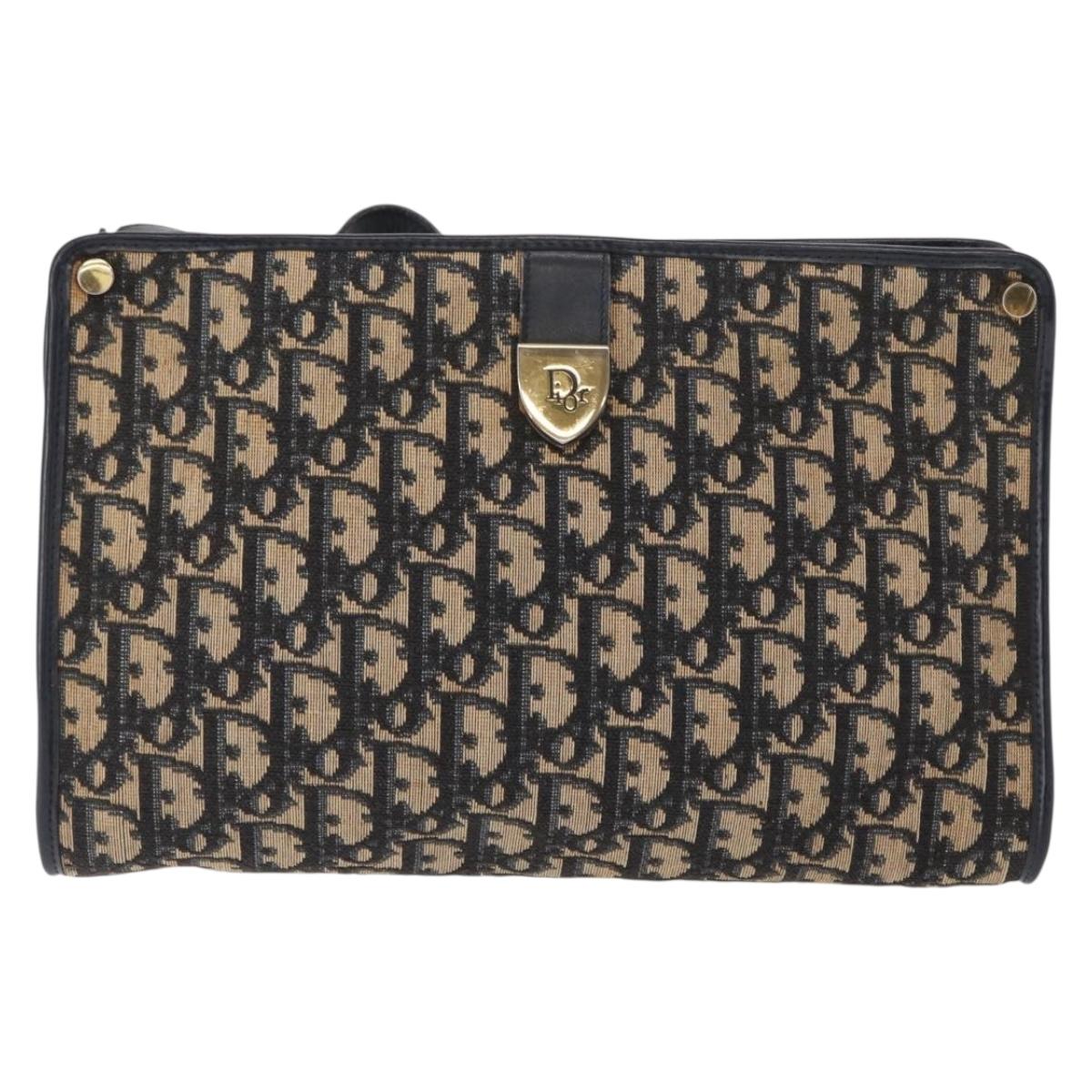 Christian Dior Trotter Canvas Shoulder Bag Navy Gold Auth 153836