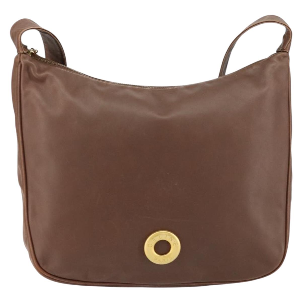 CELINE Circle Shoulder Bag Leather Brown Gold Auth 153852