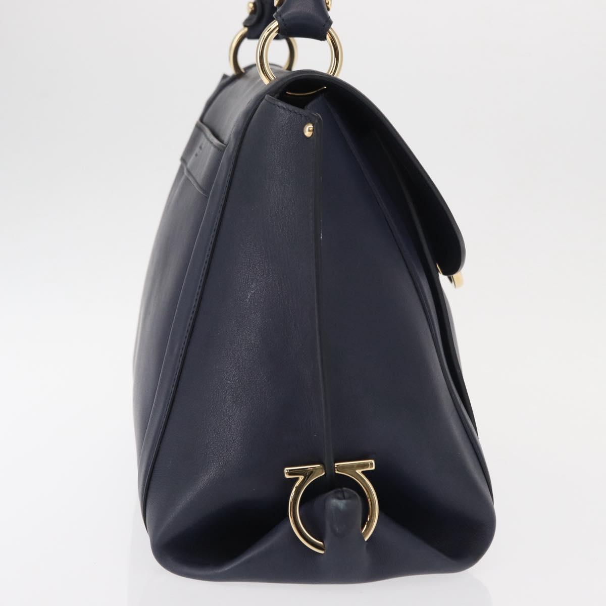 Salvatore Ferragamo Gancini Hand Bag Leather Navy Gold Auth 153865