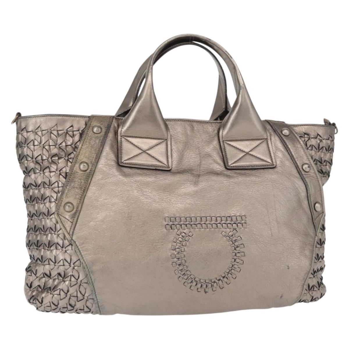 Salvatore Ferragamo Gancini Hand Bag Leather Silver Auth 153866